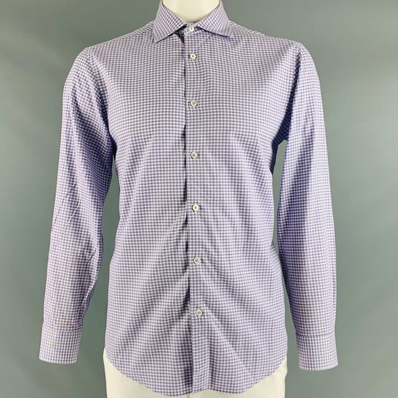 BUGATCHI UOMO Size L Purple White Houndstooth Cotton Long Sleeve Shirt - Picture 1 of 8